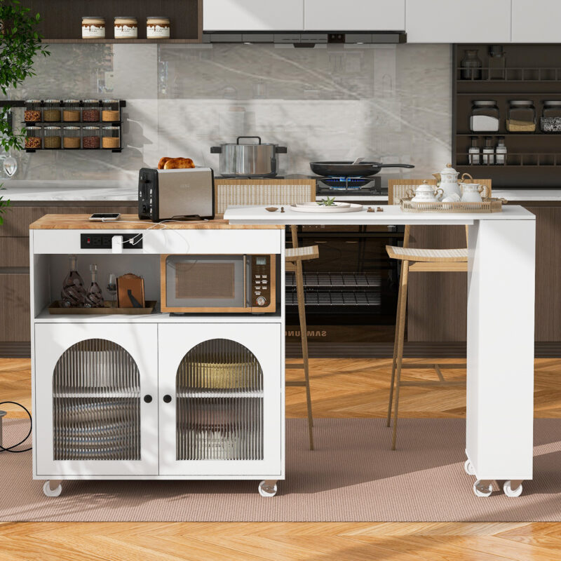 K&K Rolling Kitchen Island With Extended Table, Kitchen Island on Wheels with LED Lights,Power Outlets and 2 Fluted Glass Doors, Kitchen Island with a Storage Compartment and Side 3 Open Shelves - Image 5