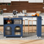 K&K Rolling Kitchen Island With Extended Table, Kitchen Island on Wheels with LED Lights,Power Outlets and 2 Fluted Glass Doors, Kitchen Island with a Storage Compartment and Side 3 Open Shelves - Image 10