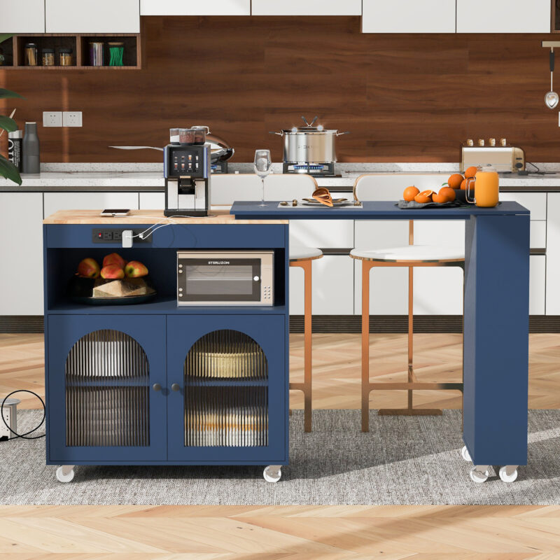 K&K Rolling Kitchen Island With Extended Table, Kitchen Island on Wheels with LED Lights,Power Outlets and 2 Fluted Glass Doors, Kitchen Island with a Storage Compartment and Side 3 Open Shelves - Image 10
