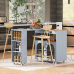 K&K Rolling Kitchen Island With Extended Table, Kitchen Island on Wheels with LED Lights,Power Outlets and 2 Fluted Glass Doors, Kitchen Island with a Storage Compartment and Side 3 Open Shelves - Image 2
