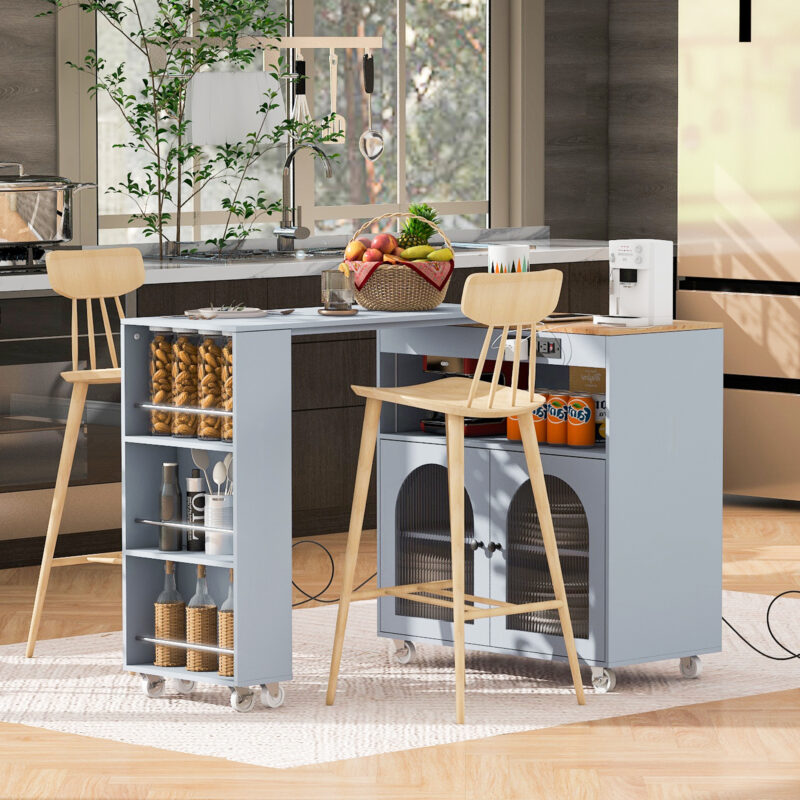 K&K Rolling Kitchen Island With Extended Table, Kitchen Island on Wheels with LED Lights,Power Outlets and 2 Fluted Glass Doors, Kitchen Island with a Storage Compartment and Side 3 Open Shelves - Image 2