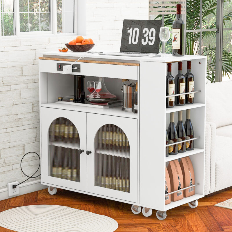 K&K Rolling Kitchen Island With Extended Table, Kitchen Island on Wheels with LED Lights,Power Outlets and 2 Fluted Glass Doors, Kitchen Island with a Storage Compartment and Side 3 Open Shelves - Image 6