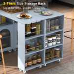 K&K Rolling Kitchen Island With Extended Table, Kitchen Island on Wheels with LED Lights,Power Outlets and 2 Fluted Glass Doors, Kitchen Island with a Storage Compartment and Side 3 Open Shelves - Image 3