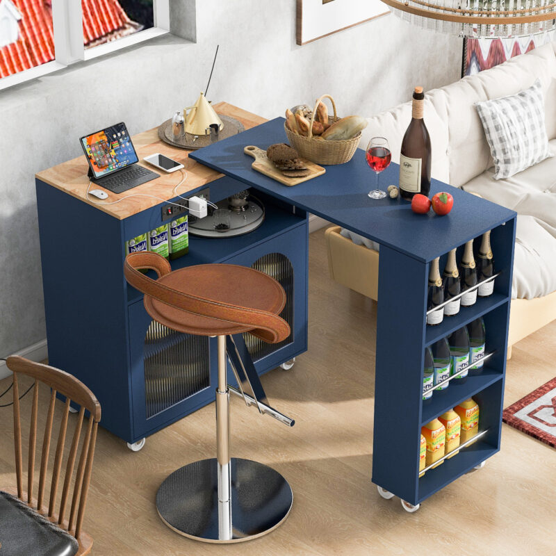 K&K Rolling Kitchen Island With Extended Table, Kitchen Island on Wheels with LED Lights,Power Outlets and 2 Fluted Glass Doors, Kitchen Island with a Storage Compartment and Side 3 Open Shelves - Image 8
