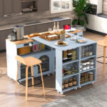 K&K Rolling Kitchen Island With Extended Table, Kitchen Island on Wheels with LED Lights,Power Outlets and 2 Fluted Glass Doors, Kitchen Island with a Storage Compartment and Side 3 Open Shelves - Image 4