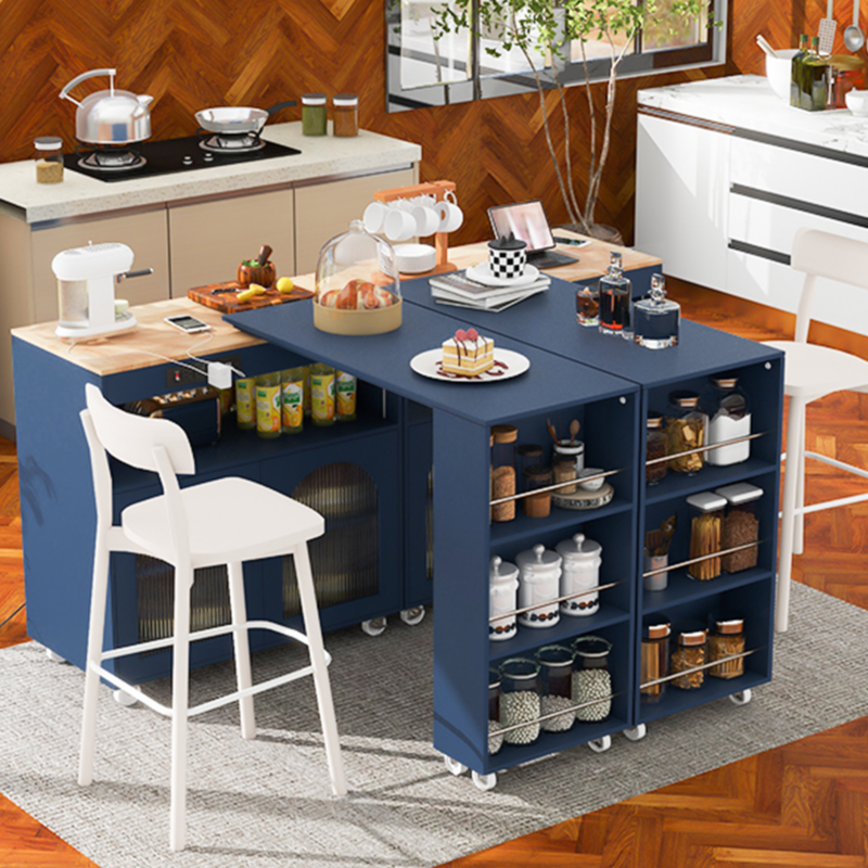 K&K Rolling Kitchen Island With Extended Table, Kitchen Island on Wheels with LED Lights,Power Outlets and 2 Fluted Glass Doors, Kitchen Island with a Storage Compartment and Side 3 Open Shelves - Image 9