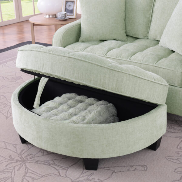 Two-seater sofa, double sofa chaise longue, with irregular armrests and backrests, footrest with storage space, comes with two small throw pillows, suitable for living room and bedroom