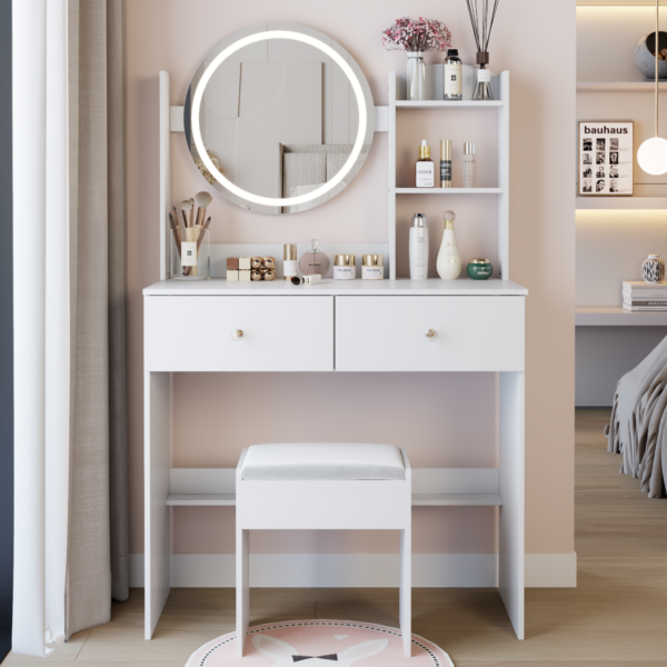 17" Round LED Mirror Vanity Table + Soft Cushion Stool Suit, Large Mirror, Touch Switch, 3 colors, Adjustable Brightness, Large Desktop, Multi-layer High Capacity Storage, Suitable For Small Space