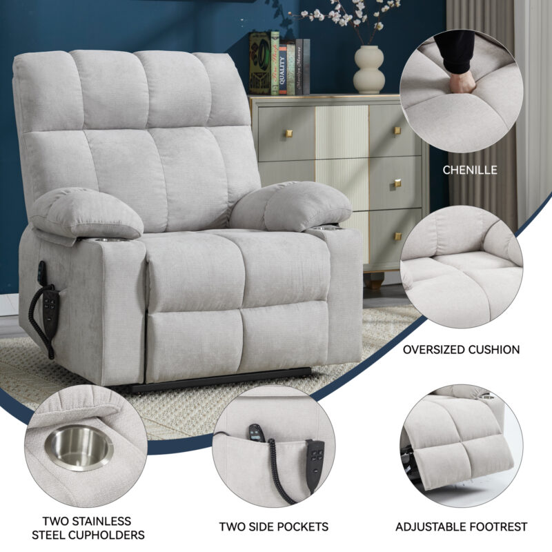 Grey Dual Motor Infinite Position Up to 350 LBS Chenille Power Lift Recliner Chair, Heavy Duty Motion Mechanism with 8-Point Vibration Massage and Lumbar Heating, Dual Cup Holders - Image 3