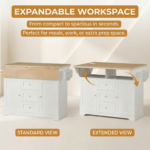 Large Kitchen Island with 2 Drop Leaf,Rolling Kitchen Cart on 5 Wheels with Power Outlet,Folding Storage Dining Table with Spice & Towel Rack , 3 Drawers, for Kitchen, Dining Room,White - Image 6