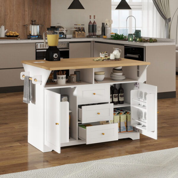 Large Kitchen Island with 2 Drop Leaf,Rolling Kitchen Cart on 5 Wheels with Power Outlet,Folding Storage Dining Table with Spice & Towel Rack , 3 Drawers, for Kitchen, Dining Room,White