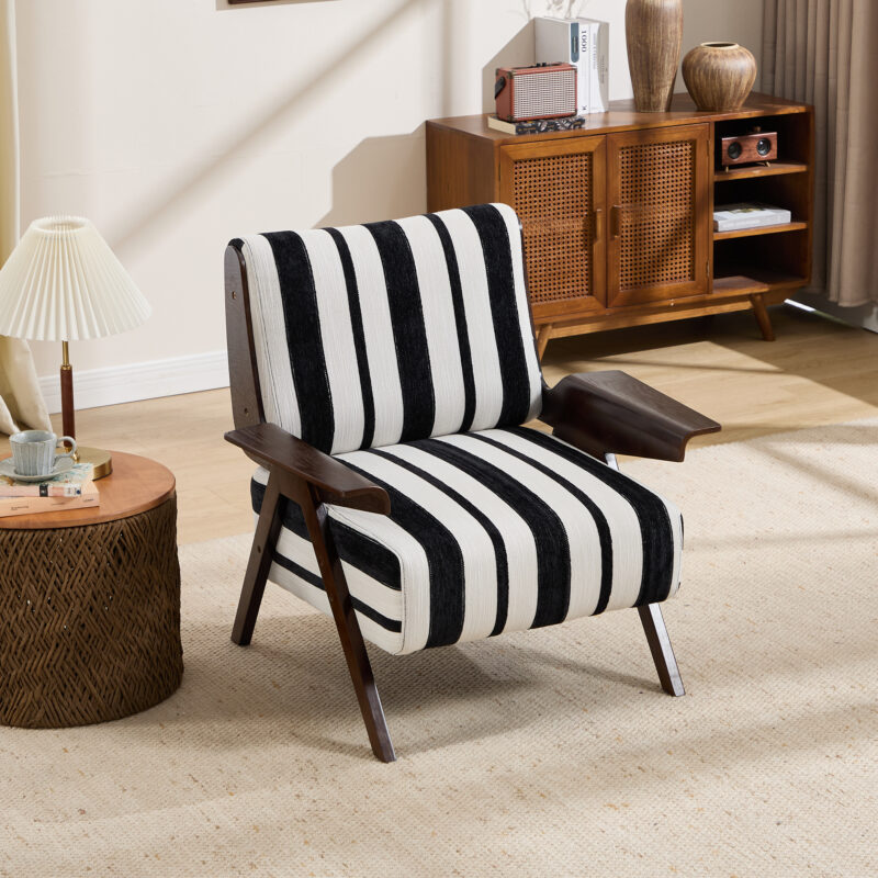 Modern armchair Widened armrests on both sides Solid wood legs Comfortable to sit on, casual reading chair, living room, bedroom, office Black and white stripes(One Pack) - Image 4