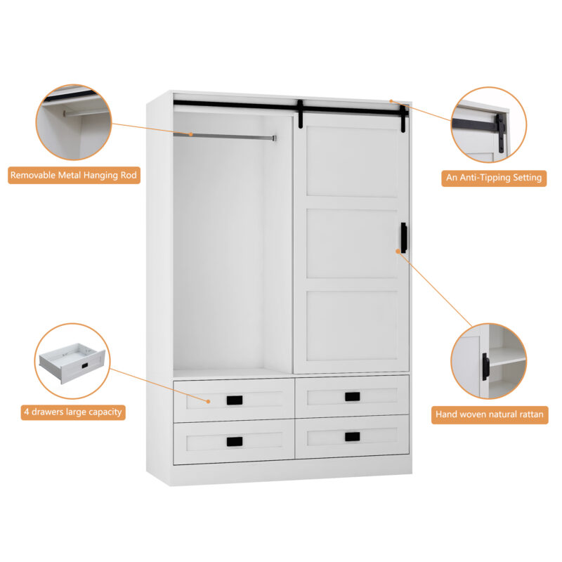 Tall Bedroom Armoire Wardrobe Closet Clothing Storage Cabinet with Hanging Rod Barn Door Drawers Open Shelves - Image 14