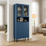 Tempered Glass Door Tall Storage Bookcase with adjustable board, 4 doors MDF painting finished cabinet, Green, Living room Bedroom storage - Image 22