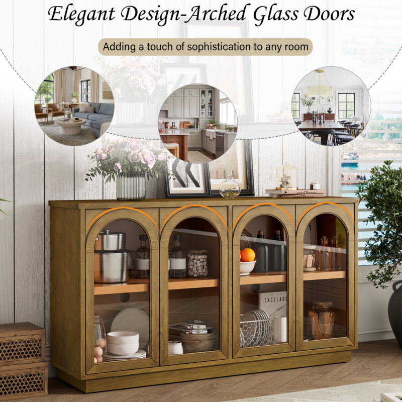 TREXM 4-Door Large Storage Buffet Cabinet with Glass Doors, Arched Cabinet with Adjustable Shelves for Kitchen, Dining Room and Living Room - Image 14