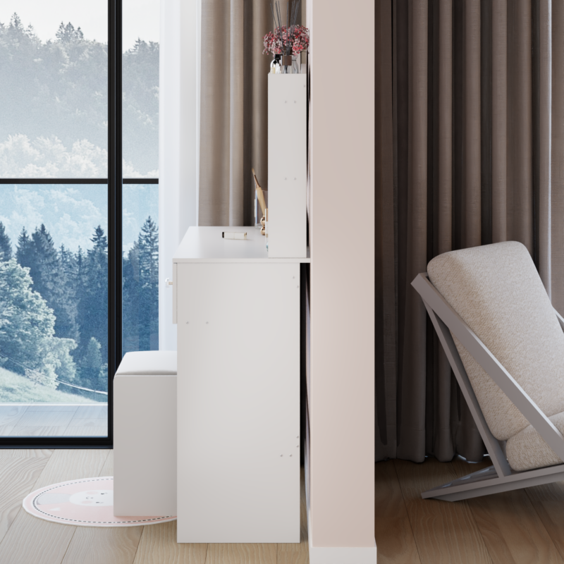 17" Round LED Mirror Vanity Table + Soft Cushion Stool Suit, Large Mirror, Touch Switch, 3 colors, Adjustable Brightness, Large Desktop, Multi-layer High Capacity Storage, Suitable For Small Space - Image 5