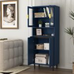 Tempered Glass Door Tall Storage Bookcase with adjustable board, 4 doors MDF painting finished cabinet, Green, Living room Bedroom storage - Image 21