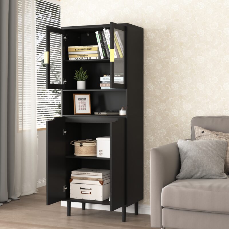 Tempered Glass Door Tall Storage Bookcase with adjustable board, 4 doors MDF painting finished cabinet, Green, Living room Bedroom storage - Image 11