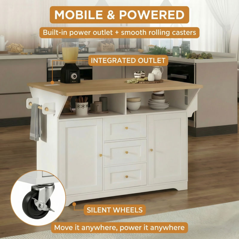 Large Kitchen Island with 2 Drop Leaf,Rolling Kitchen Cart on 5 Wheels with Power Outlet,Folding Storage Dining Table with Spice & Towel Rack , 3 Drawers, for Kitchen, Dining Room,White - Image 5
