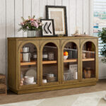 TREXM 4-Door Large Storage Buffet Cabinet with Glass Doors, Arched Cabinet with Adjustable Shelves for Kitchen, Dining Room and Living Room - Image 13