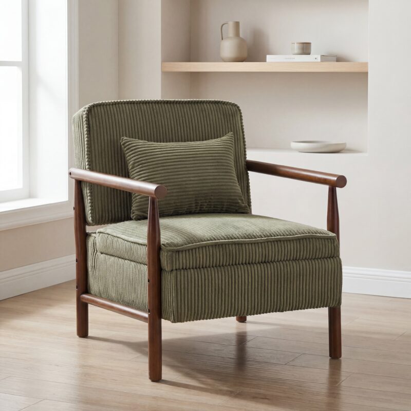 Storage Chair,Mid Century Modern Accent Chair with Wood Frame, Upholstered Living Room Chairs with Waist Cushion, Reading Armchair for Bedroom Sunroom - Image 3