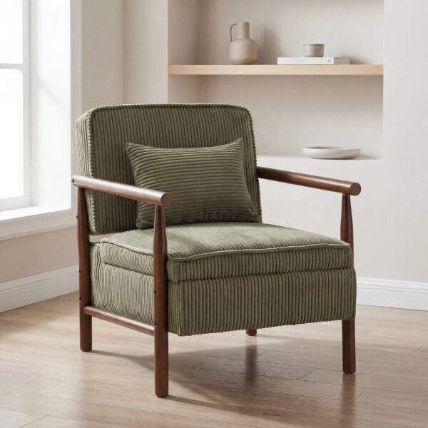 Storage Chair,Mid Century Modern Accent Chair with Wood Frame, Upholstered Living Room Chairs with Waist Cushion, Reading Armchair for Bedroom Sunroom