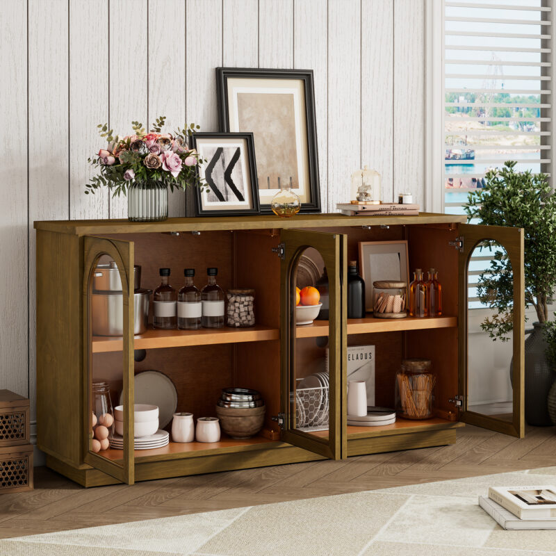 TREXM 4-Door Large Storage Buffet Cabinet with Glass Doors, Arched Cabinet with Adjustable Shelves for Kitchen, Dining Room and Living Room - Image 12