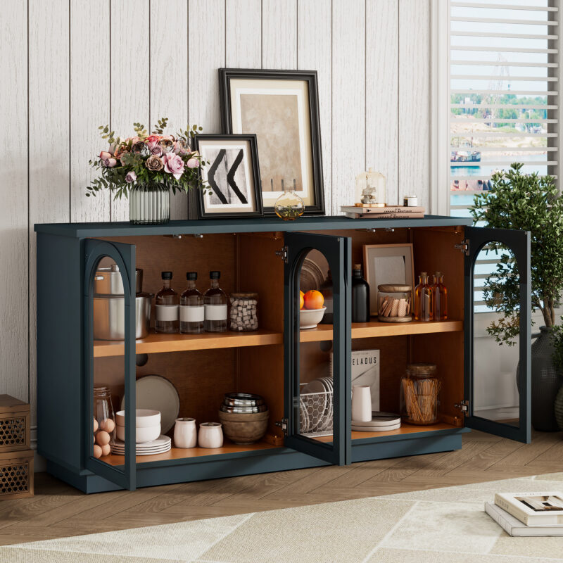 TREXM 4-Door Large Storage Buffet Cabinet with Glass Doors, Arched Cabinet with Adjustable Shelves for Kitchen, Dining Room and Living Room - Image 6
