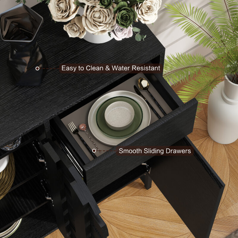 Buffet Cabinet with Storage: 44.49"Black Woven Door Accent Cabinets,with Arched Doors,with Multi layer Adjustable,with Metal Leg,woven door and drawer - for Kitchen Living Dining Room Entryway - Image 7