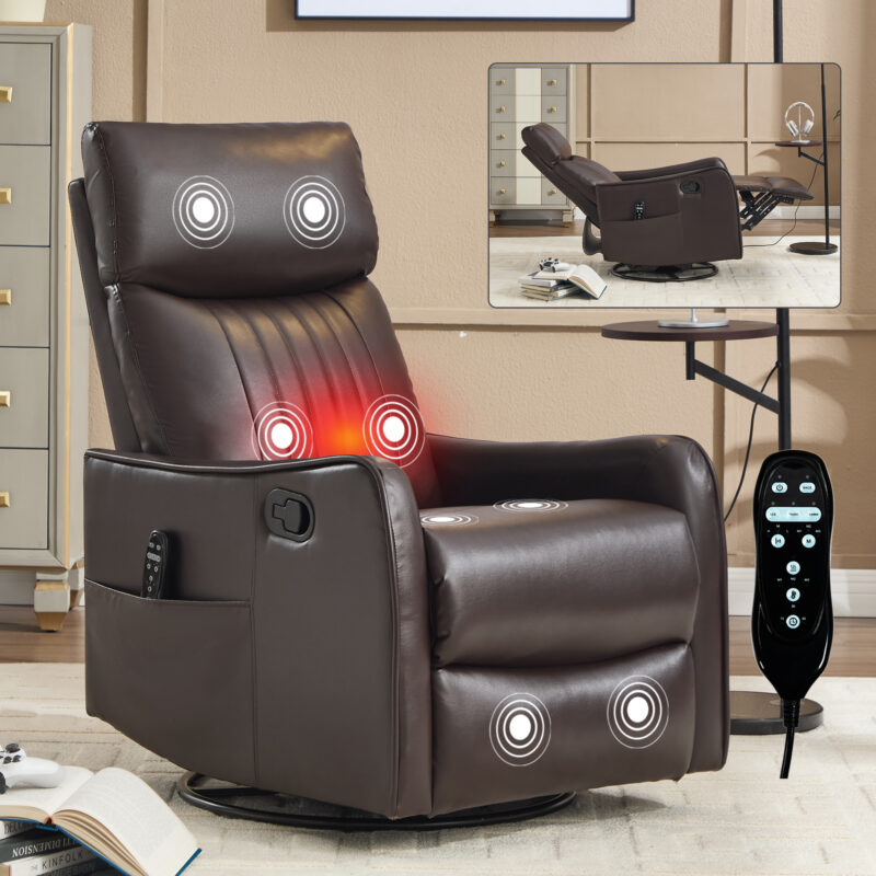 Red Faux Leather Heat Massage Manual Recliner Chair with Rocker and Swivel for Living Room - Image 11