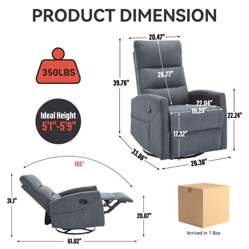 Manual Recliner Chair with Rocker and Swivel in Fabric for Living Room - Image 3