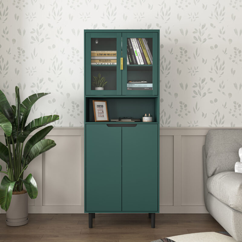 Tempered Glass Door Tall Storage Bookcase with adjustable board, 4 doors MDF painting finished cabinet, Green, Living room Bedroom storage - Image 4