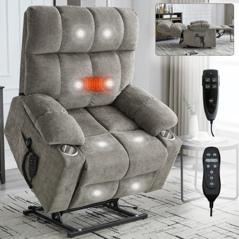 Grey Dual Motor Infinite Position Up to 350 LBS Chenille Power Lift Recliner Chair, Heavy Duty Motion Mechanism with 8-Point Vibration Massage and Lumbar Heating, Dual Cup Holders - Image 20