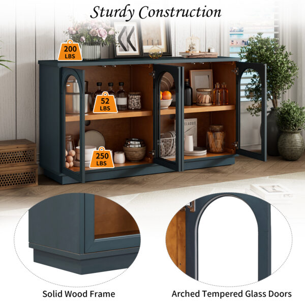 TREXM 4-Door Large Storage Buffet Cabinet with Glass Doors, Arched Cabinet with Adjustable Shelves for Kitchen, Dining Room and Living Room