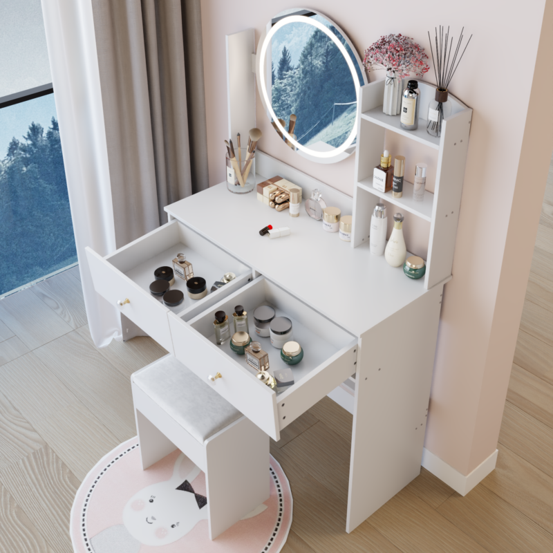 17" Round LED Mirror Vanity Table + Soft Cushion Stool Suit, Large Mirror, Touch Switch, 3 colors, Adjustable Brightness, Large Desktop, Multi-layer High Capacity Storage, Suitable For Small Space - Image 3