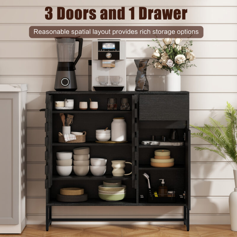 Buffet Cabinet with Storage: 44.49"Black Woven Door Accent Cabinets,with Arched Doors,with Multi layer Adjustable,with Metal Leg,woven door and drawer - for Kitchen Living Dining Room Entryway - Image 6