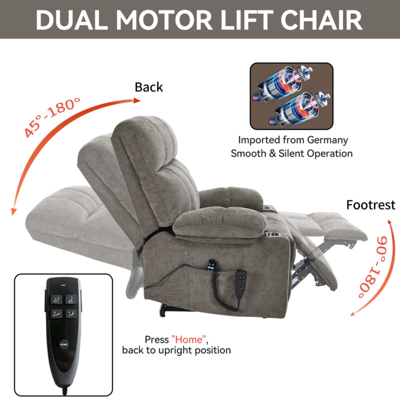 Grey Dual Motor Infinite Position Up to 350 LBS Chenille Power Lift Recliner Chair, Heavy Duty Motion Mechanism with 8-Point Vibration Massage and Lumbar Heating, Dual Cup Holders - Image 24