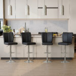 Modern Black PU Bar Stool Set - 2-Piece, featuring vertical and smooth-lined backrests with trumpet-shaped silver metal legs. Ideal for placement in bars, living rooms, lounges, and similar settings - Image 4