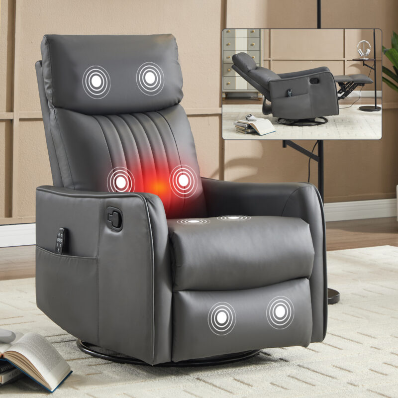 Red Faux Leather Heat Massage Manual Recliner Chair with Rocker and Swivel for Living Room - Image 18