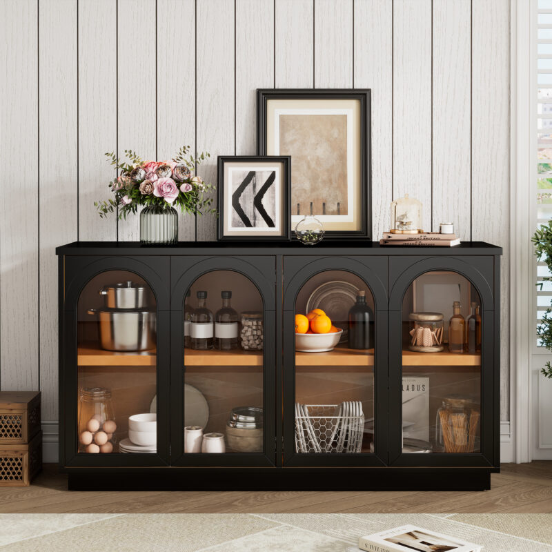 TREXM 4-Door Large Storage Buffet Cabinet with Glass Doors, Arched Cabinet with Adjustable Shelves for Kitchen, Dining Room and Living Room - Image 17
