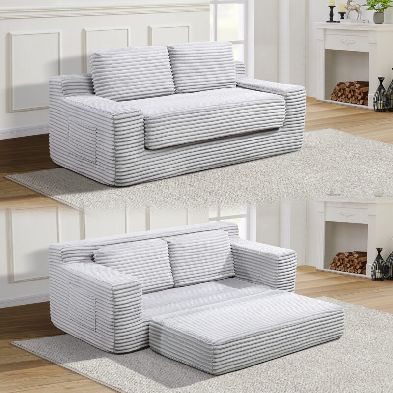 Corduroy Cloud Double Sofa, 2-in-1 Convertible Sofa Bed, Comfortable Boneless Double Sofa, Suitable for Living Room, Apartment, Small Space Grey - Image 2