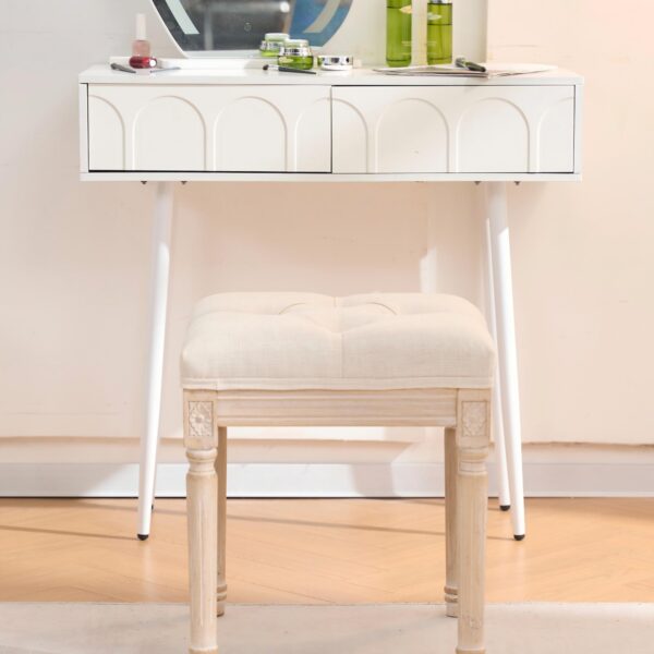 French Style Bench, Linen Fabric Entryway Bench, Upholstered Tufted End of Bed Bench with Brushed Wood Legs, Beige