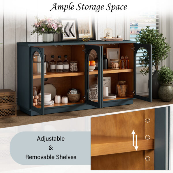 TREXM 4-Door Large Storage Buffet Cabinet with Glass Doors, Arched Cabinet with Adjustable Shelves for Kitchen, Dining Room and Living Room