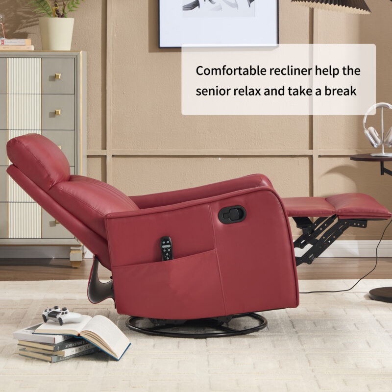 Red Faux Leather Heat Massage Manual Recliner Chair with Rocker and Swivel for Living Room - Image 21
