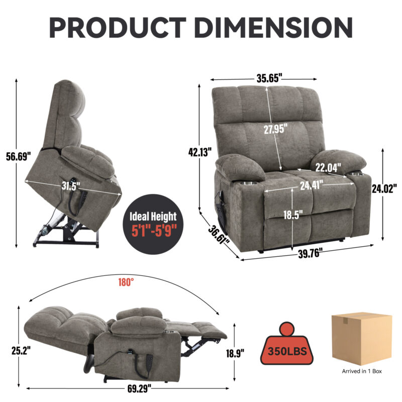 Grey Dual Motor Infinite Position Up to 350 LBS Chenille Power Lift Recliner Chair, Heavy Duty Motion Mechanism with 8-Point Vibration Massage and Lumbar Heating, Dual Cup Holders - Image 23