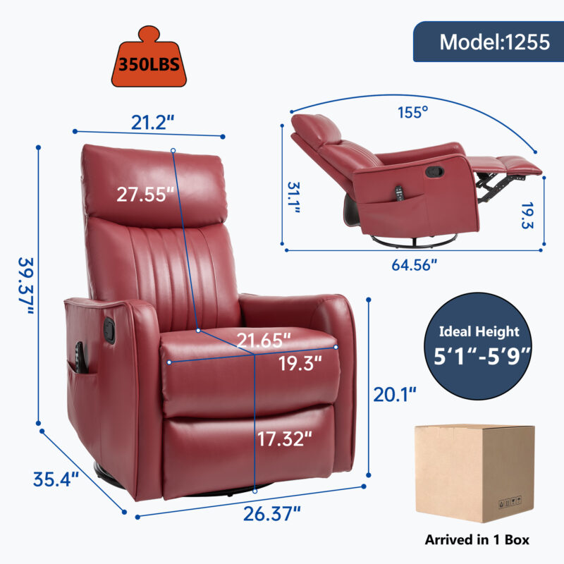 Red Faux Leather Heat Massage Manual Recliner Chair with Rocker and Swivel for Living Room - Image 25