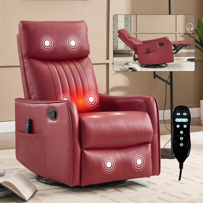 Red Faux Leather Heat Massage Manual Recliner Chair with Rocker and Swivel for Living Room - Image 27