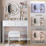 17" Round LED Mirror Vanity Table + Soft Cushion Stool Suit, Large Mirror, Touch Switch, 3 colors, Adjustable Brightness, Large Desktop, Multi-layer High Capacity Storage, Suitable For Small Space - Image 6
