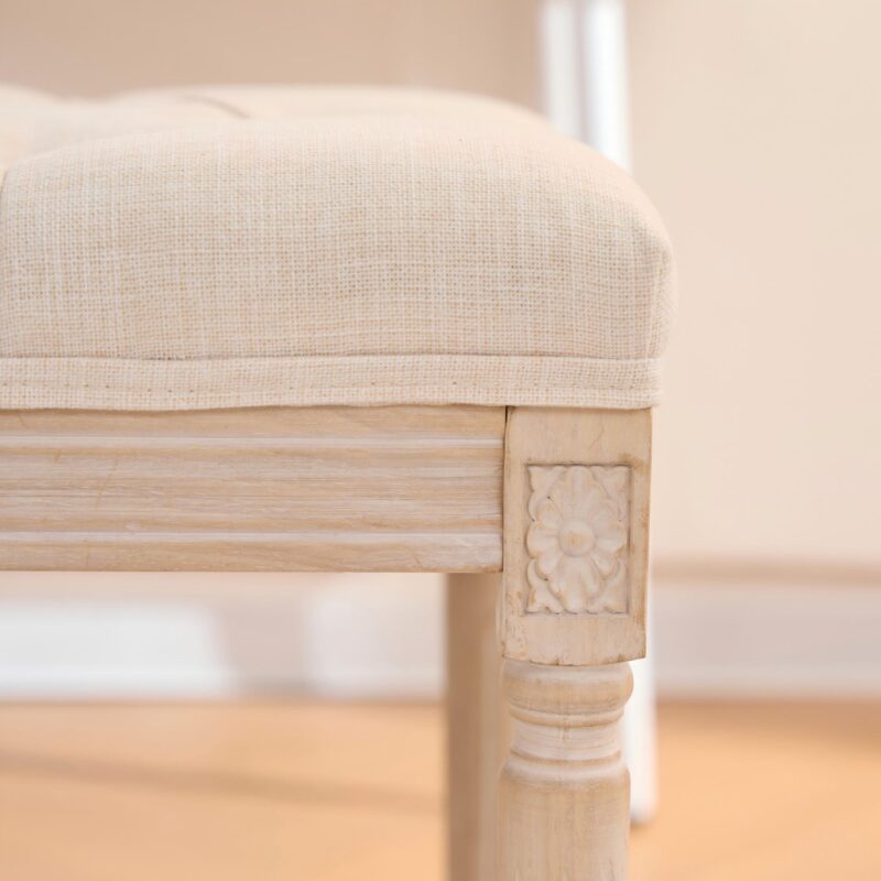French Style Bench, Linen Fabric Entryway Bench, Upholstered Tufted End of Bed Bench with Brushed Wood Legs, Beige - Image 8