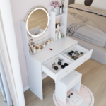 17" Round LED Mirror Vanity Table + Soft Cushion Stool Suit, Large Mirror, Touch Switch, 3 colors, Adjustable Brightness, Large Desktop, Multi-layer High Capacity Storage, Suitable For Small Space - Image 8